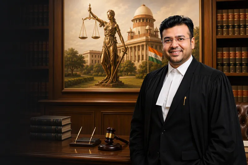 Advocate Aayush Agarwal in black advocate robes and white bands in a courtroom-style office, with a painting of Lady Justice and the Indian flag behind him