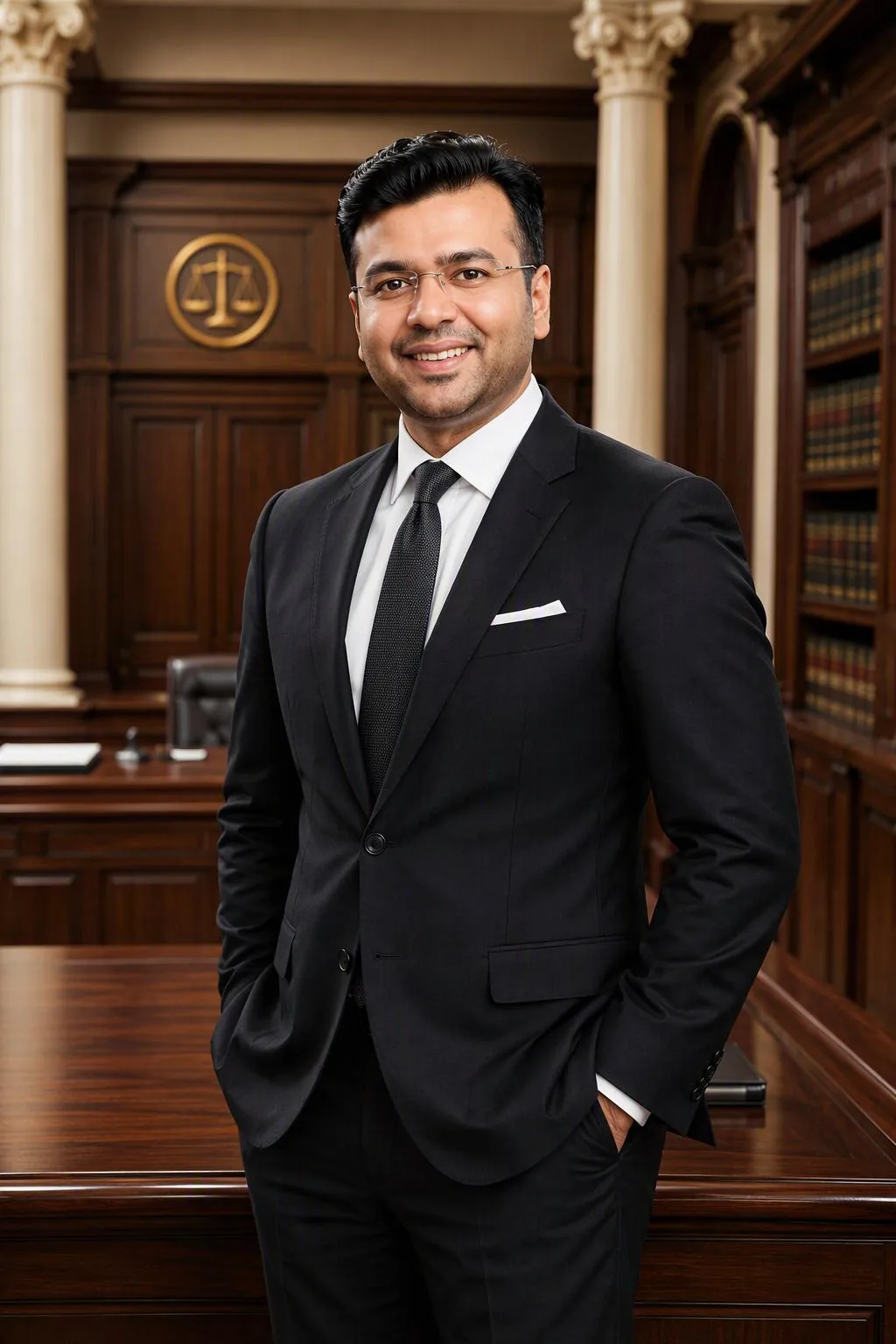 Advocate Aayush Agarwal in a dark suit and tie standing in a courtroom-style office with wooden panelling and bookshelves
