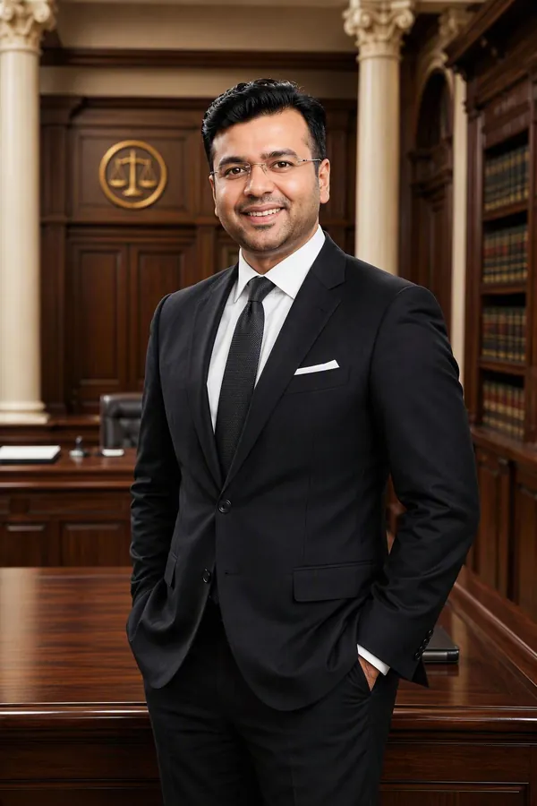 Advocate Aayush Agarwal in a dark suit and tie standing in a courtroom-style office with wooden panelling and bookshelves